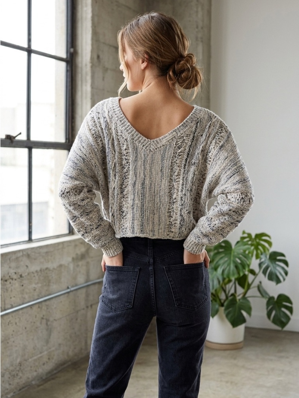 Melrose and Market | Dolman Space Dye Textured Sweater with V-Neck Back | Sz S